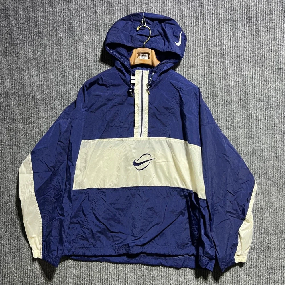 Vintage Nike Windbreaker Mens XL Blue Colorblock Anorak Hooded Pullover Jacket